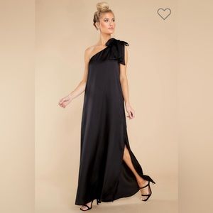 One shoulder black dress with bow